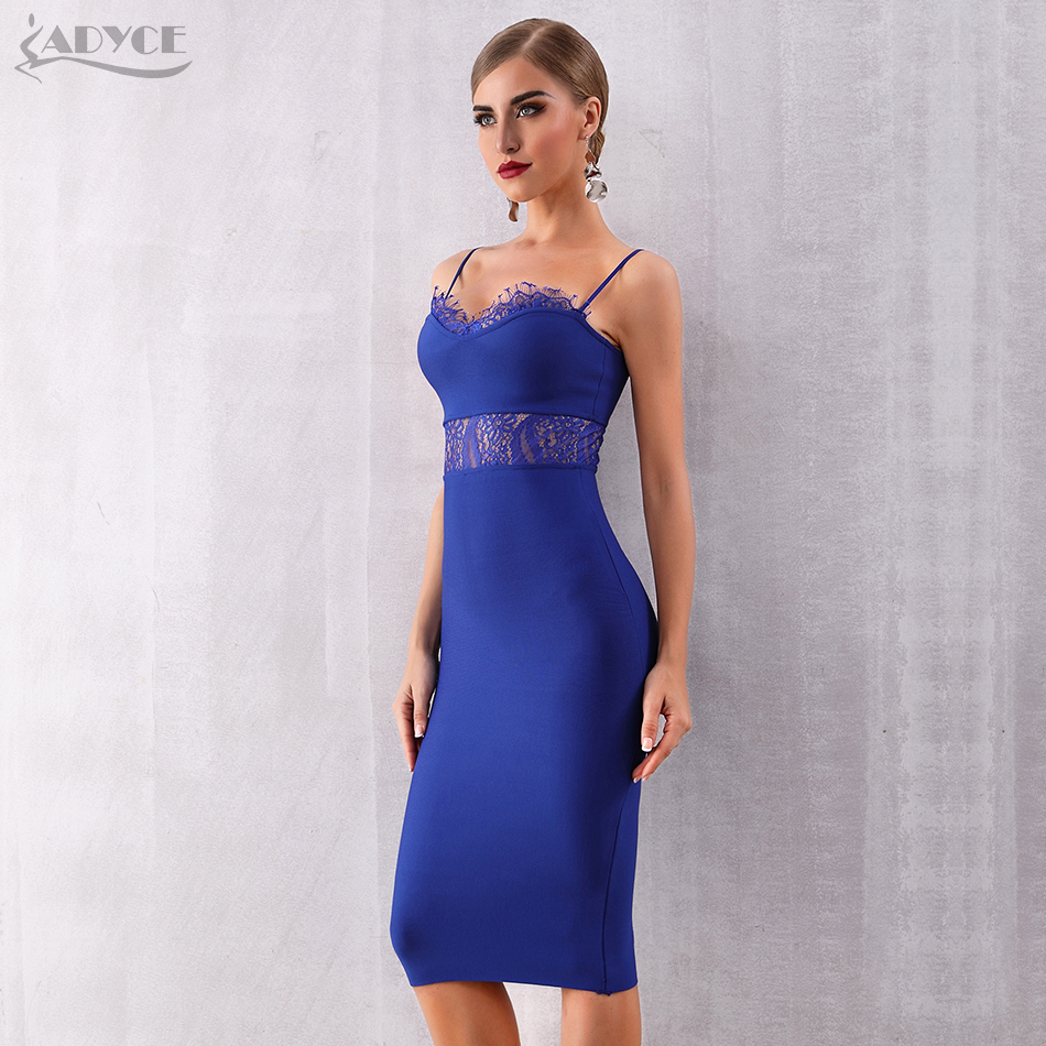   New Summer Lace Bandage Dress Women Sexy Bodycon Blue Hollow Out Spaghetti Strap Club Celebrity Party Dress Vestidos