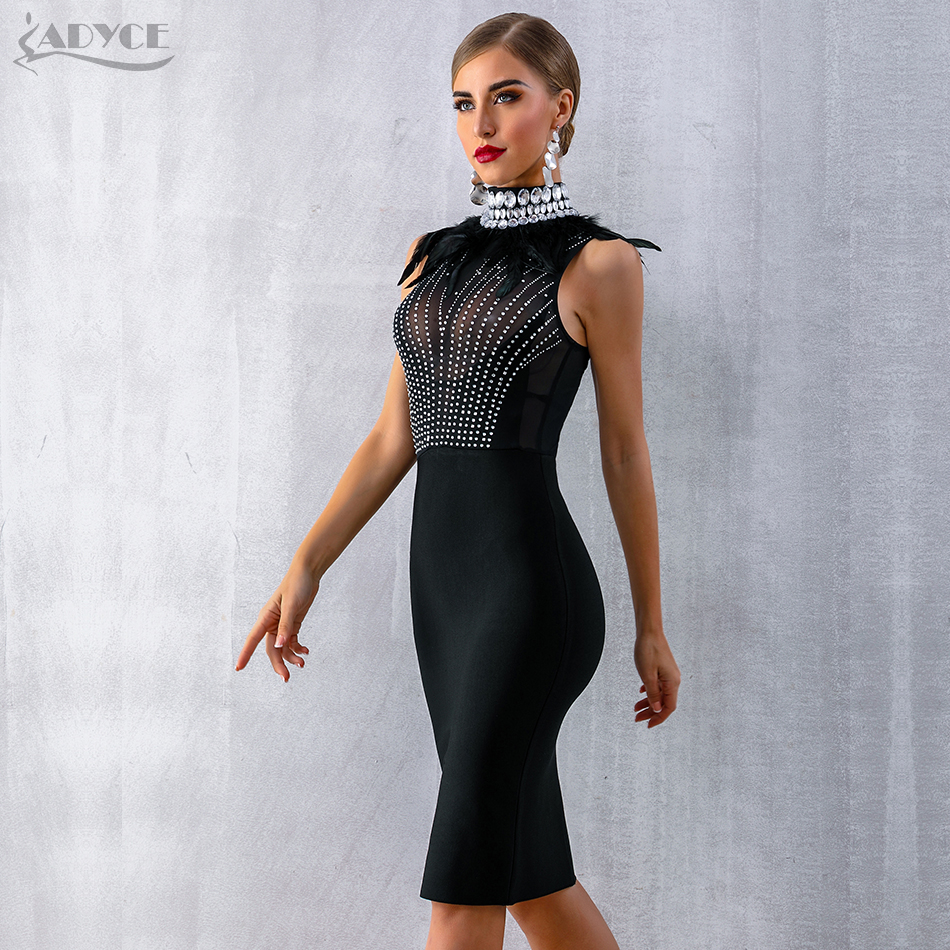   New Women Bandage Dress Sleeveless Black Feather Bead Club Dress Vestido Luxury Diamond Celebrity Evening Party Dress