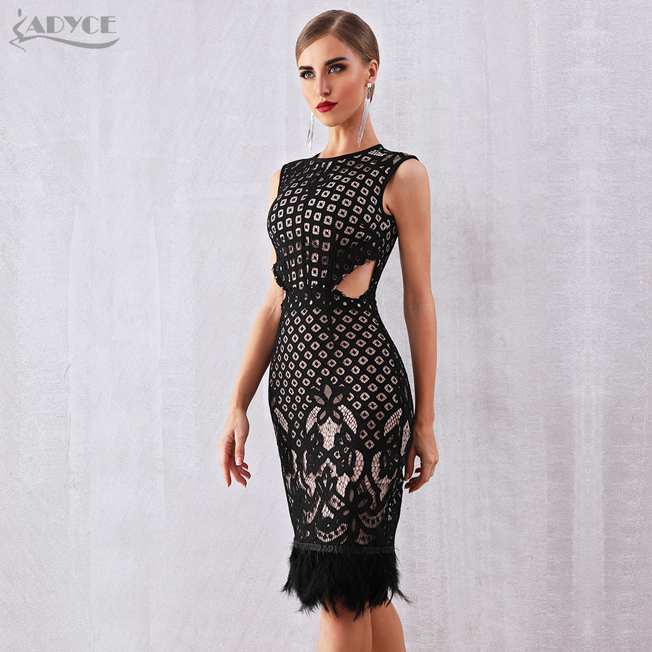   New Summer Bandage Dress Women Elegant Black Sleeveless Sexy Feather Bodycon Club Lace Dress Celebrity Party Dresses