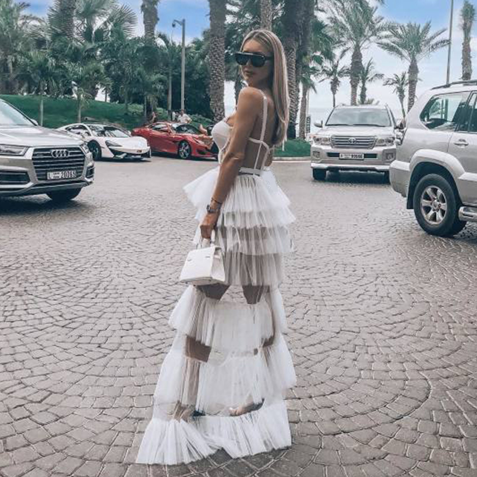  Summer Spaghetti Strap Women Dress  New Arrivals Black White Ball Gown Lace Sleeveless Maxi Club Celebrity Party Dress