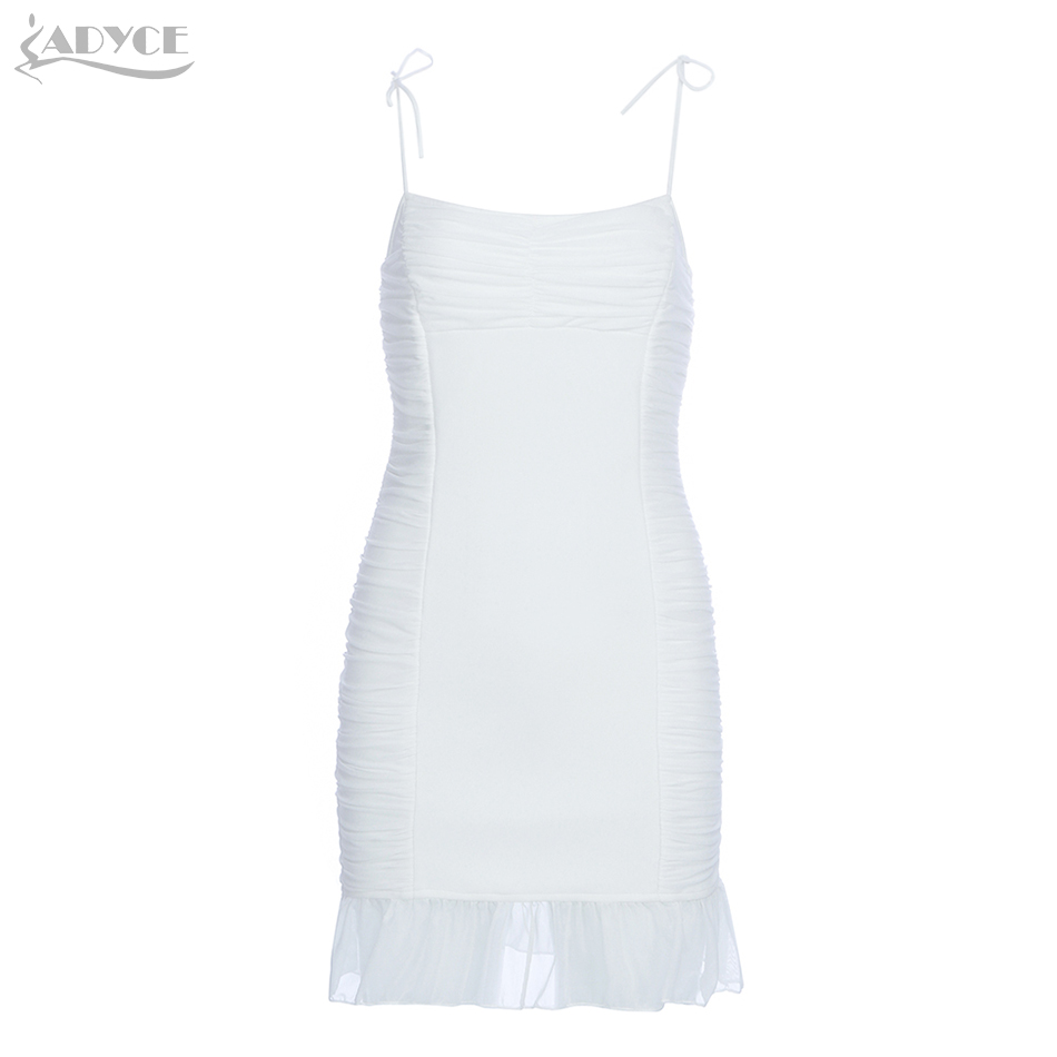  New Summer Women White Bandage Club Dress Sexy Sleeveless Spaghetti Strap Bodycon Ruffle Mini Celebrity Party Runway Dress