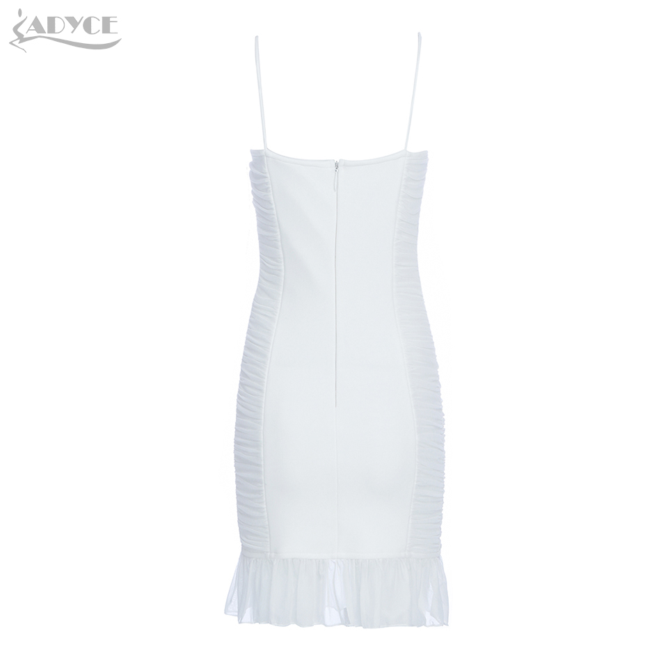  New Summer Women White Bandage Club Dress Sexy Sleeveless Spaghetti Strap Bodycon Ruffle Mini Celebrity Party Runway Dress