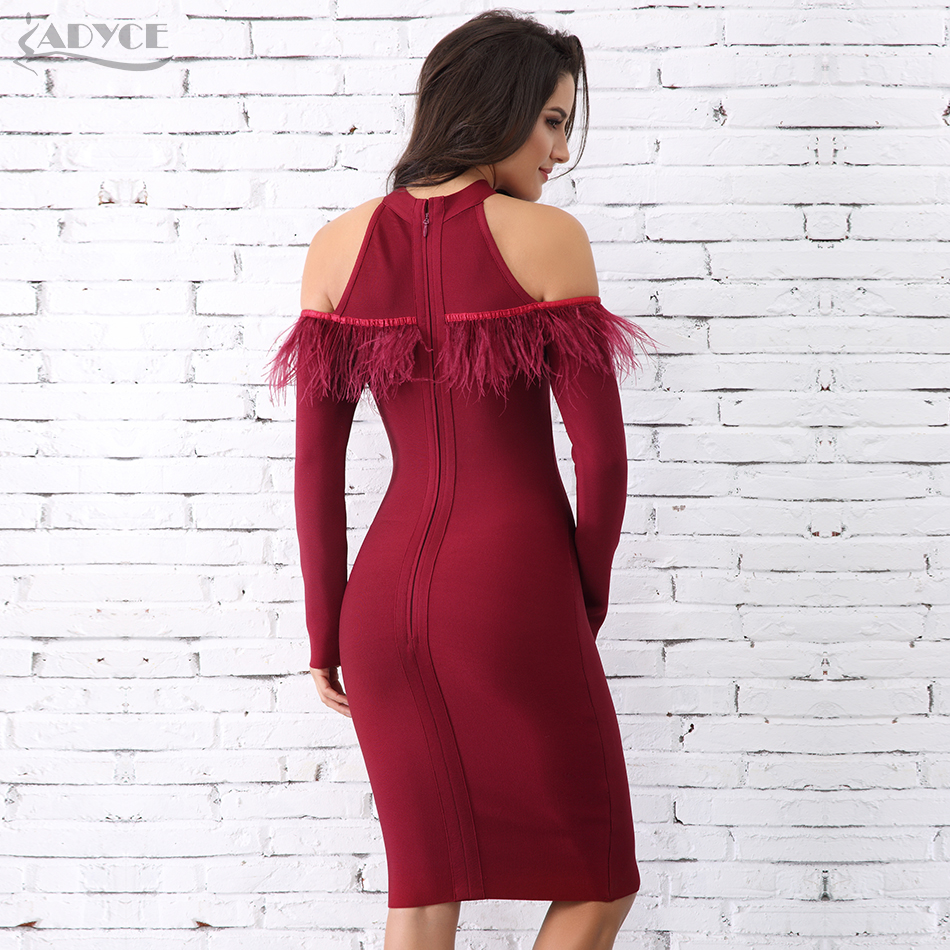   New Arrival Winter Wine Red Feather Embellished Bandage Dress Sexy Long Sleeve Celebrity Evening Party Dress Vestidos
