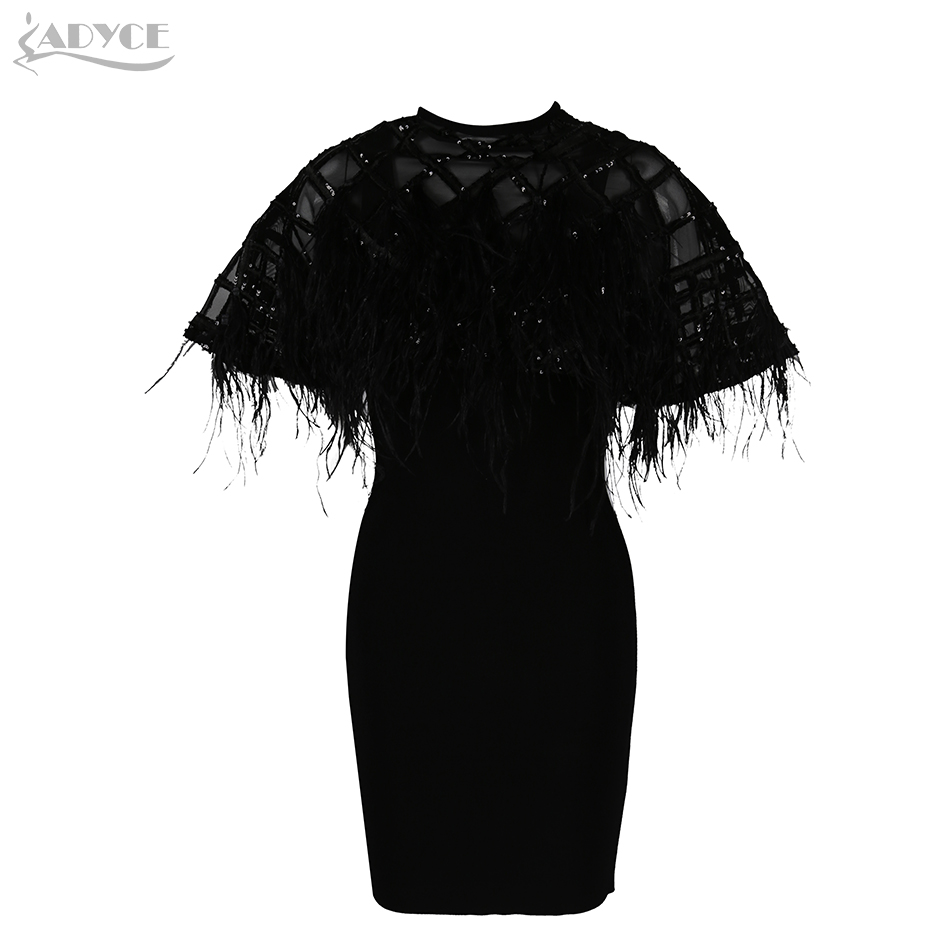  New Summer Black Sequin Bandage Dress Women Sexy Cloak Short Sleeve Feathers Lace Club Dress Celebrity Evening Party Dress