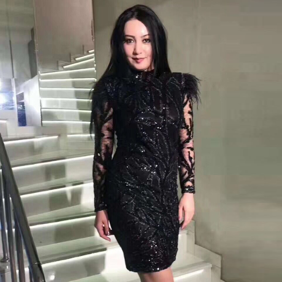   New Spring Luxury Sequined Celebrity Evening Party Dress Sexy Long Sleeve Turtleneck Black Feather Club Dress Vestido